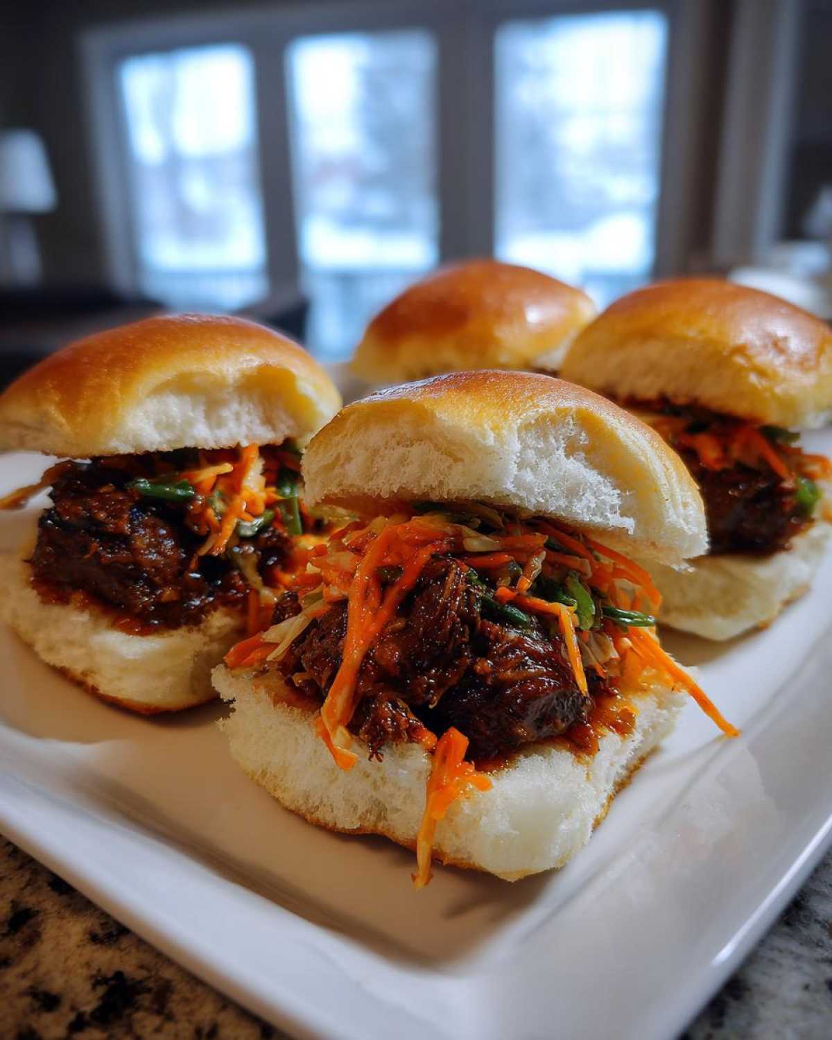 Four delicious Korean BBQ Beef Sliders piled high with saucy beef and bright orange kimchi slaw on soft brioche buns.