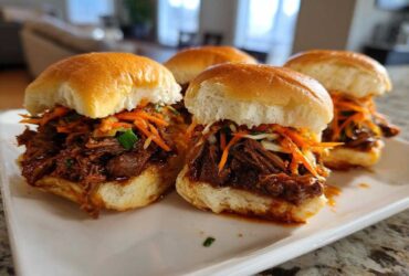 Four delicious Korean BBQ Beef Sliders piled high with shredded beef and bright orange kimchi slaw on soft buns.