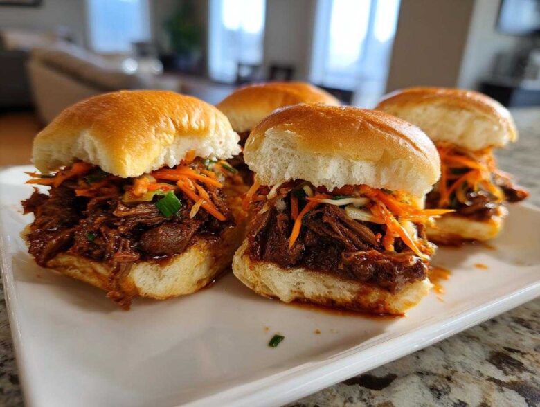 Four delicious Korean BBQ Beef Sliders piled high with shredded beef and bright orange kimchi slaw on soft buns.