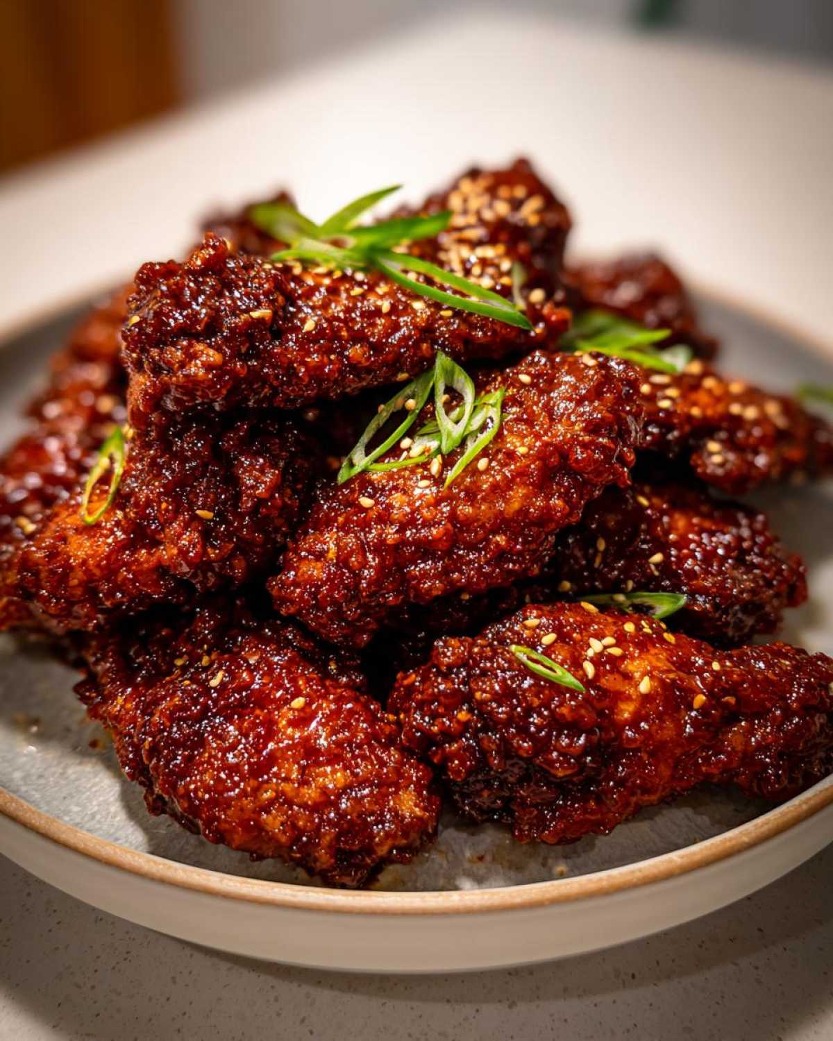 A pile of crispy, glazed Korean Fried Chicken Wings topped with sesame seeds and sliced green onions.