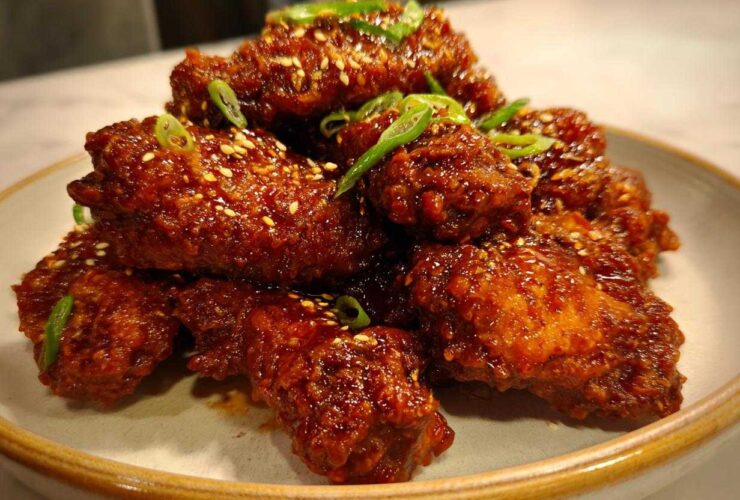 A pile of glossy, dark red Korean Fried Chicken Wings coated in sauce, sprinkled with sesame seeds and green onions.