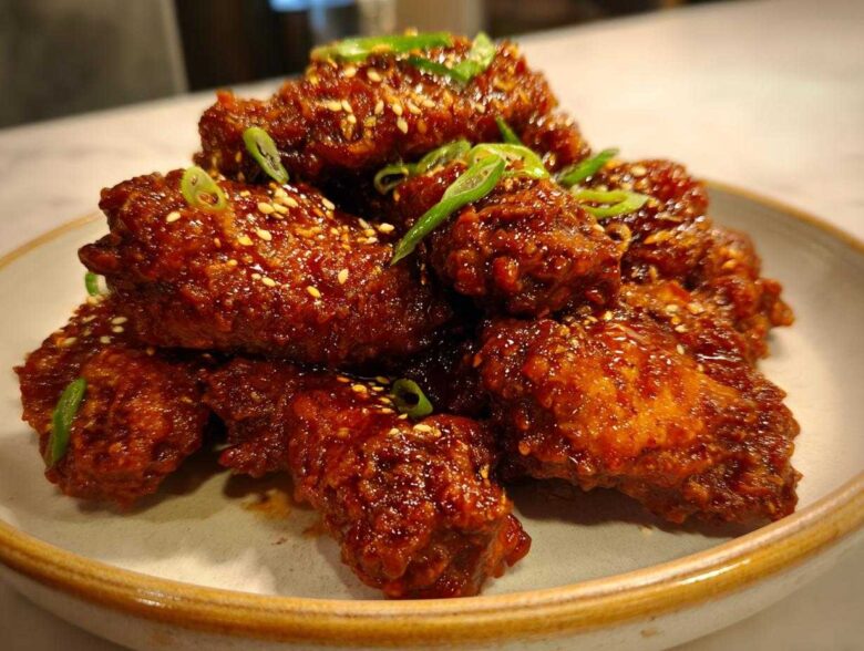 A pile of glossy, dark red Korean Fried Chicken Wings coated in sauce, sprinkled with sesame seeds and green onions.