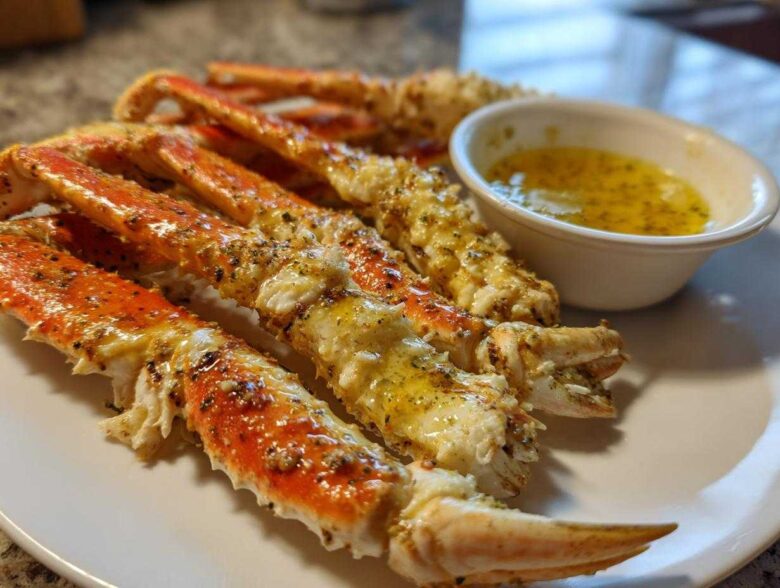 Close-up of cooked Dungeness Crab Legs seasoned with lemon pepper and served with melted butter.