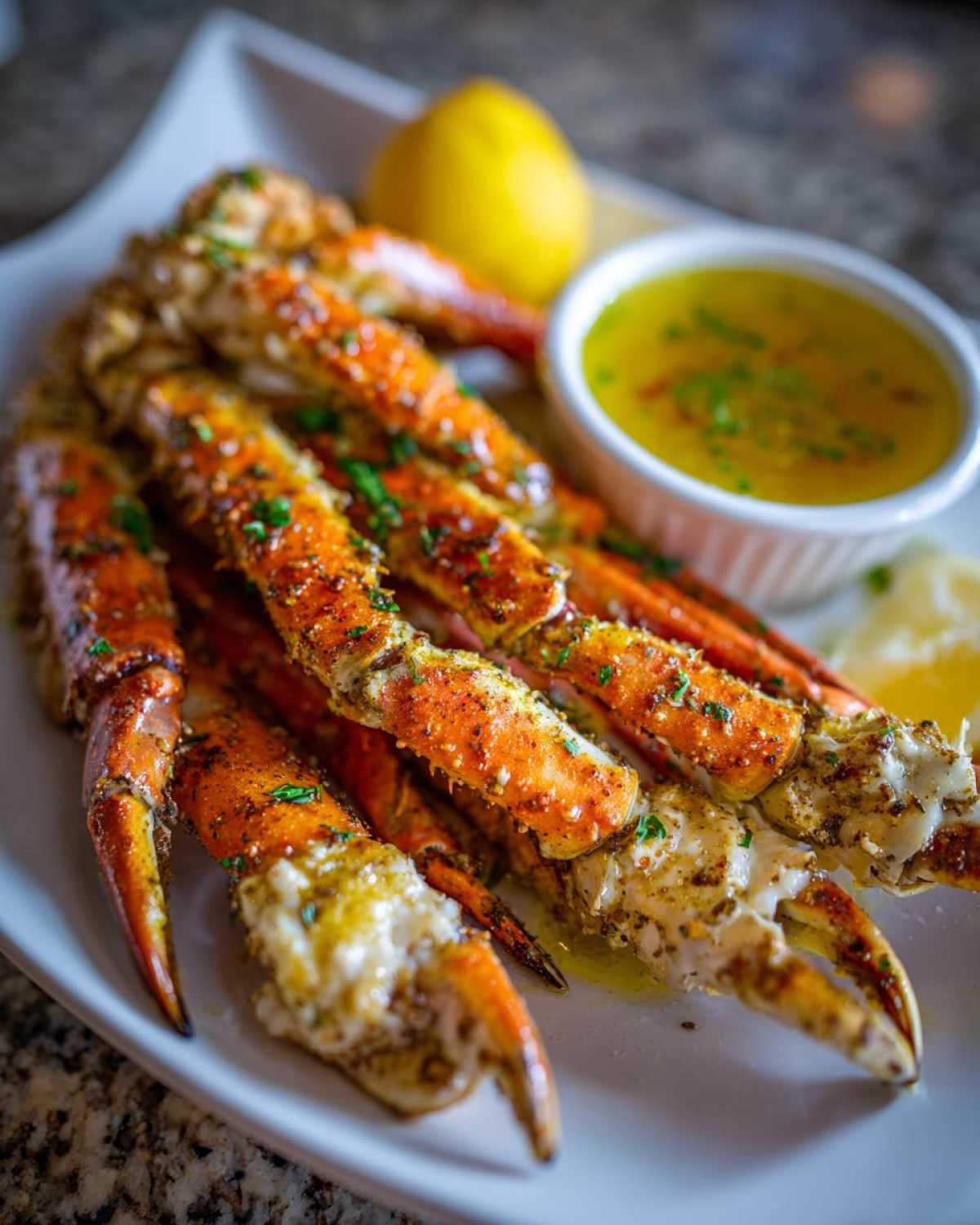 A plate piled high with seasoned Lemon Pepper Dungeness Crab Legs, served with melted butter and a lemon wedge.