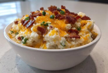 A close-up of a white bowl filled with creamy Loaded Baked Potato Dip, topped with shredded cheddar, bacon bits, and green onions.