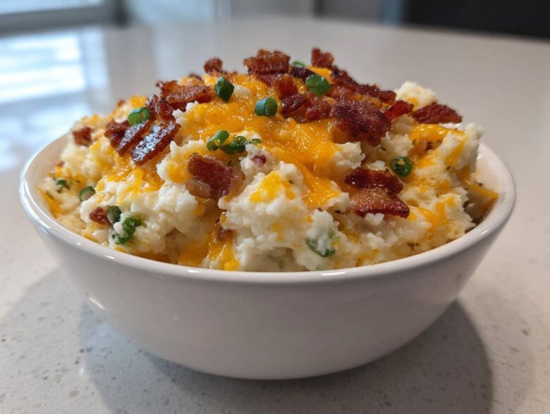 A close-up of a white bowl filled with creamy Loaded Baked Potato Dip, topped with shredded cheddar, bacon bits, and green onions.