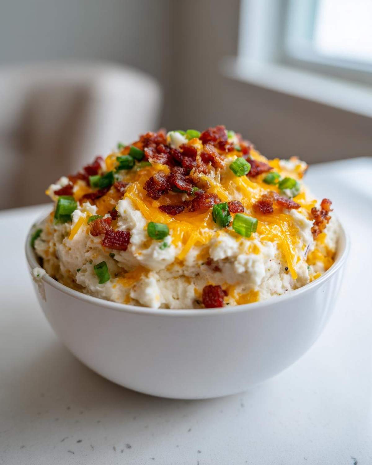 A generous serving of Loaded Baked Potato Dip topped with shredded cheddar, bacon bits, and green onions in a white bowl.