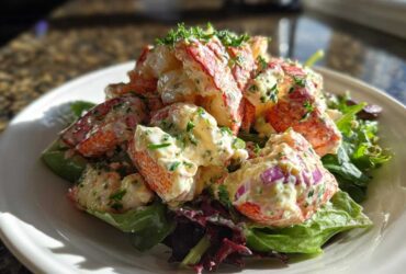 Generous serving of Lobster Tail Salad with Lemon Mayo Dressing piled high on mixed greens on a white plate.
