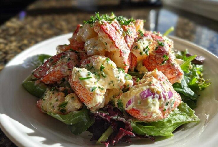 Generous serving of Lobster Tail Salad with Lemon Mayo Dressing piled high on mixed greens on a white plate.
