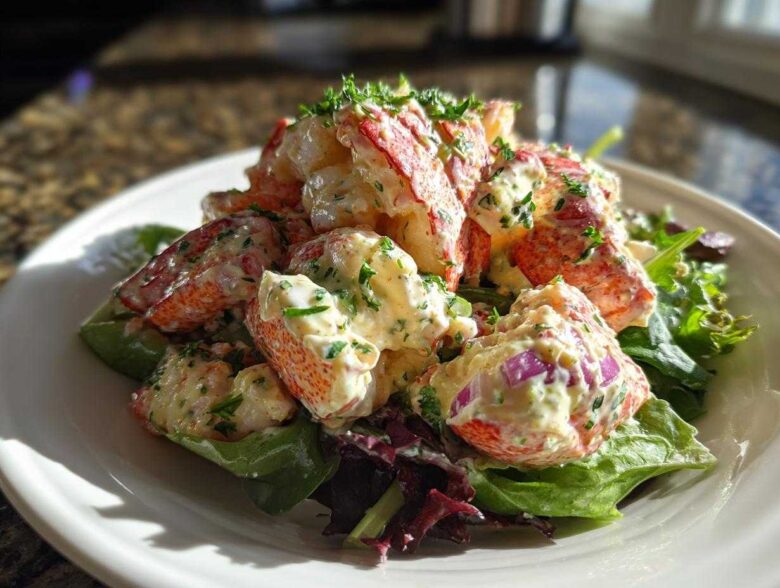 Generous serving of Lobster Tail Salad with Lemon Mayo Dressing piled high on mixed greens on a white plate.