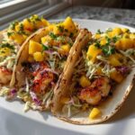 Three grilled Lobster Tail Tacos topped with fresh mango slaw and cilantro.