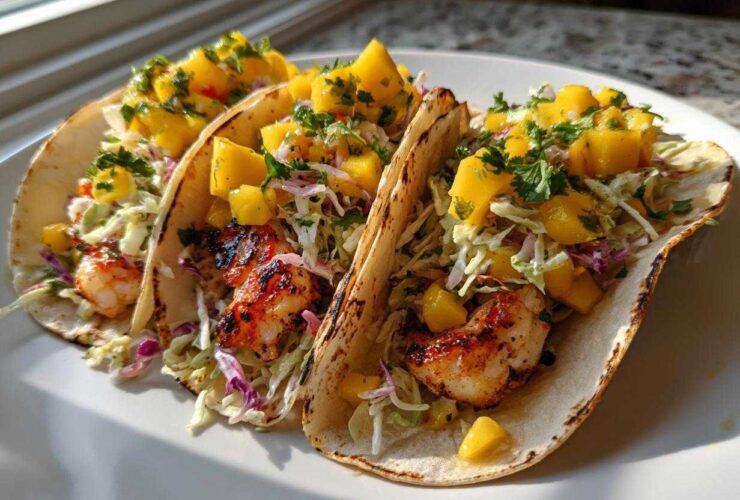 Three grilled Lobster Tail Tacos topped with fresh mango slaw and cilantro.