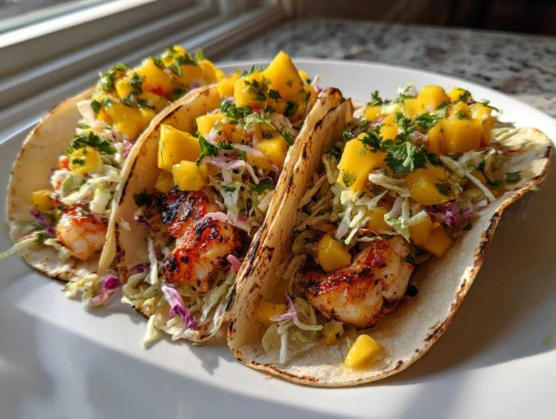 Three grilled Lobster Tail Tacos topped with fresh mango slaw and cilantro.
