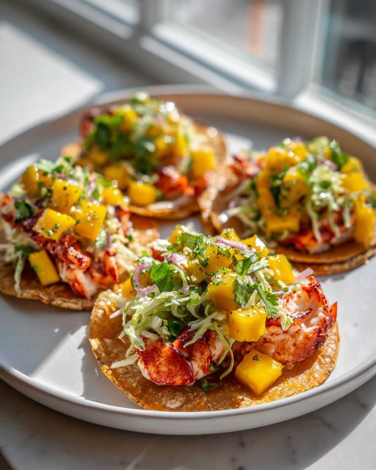 Four Lobster Tail Tacos with bright yellow mango slaw and cilantro served on a white plate.