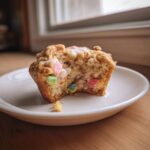 Close-up of a Lucky Charms Cereal Milk Muffins cut in half, showing colorful marshmallows and a white glaze.