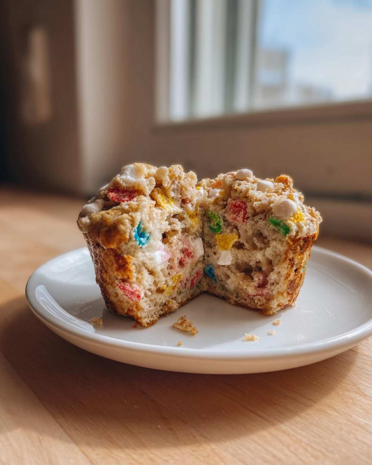 A Lucky Charms Cereal Milk Muffin cut in half, showing colorful marshmallows baked inside, resting on a white plate.