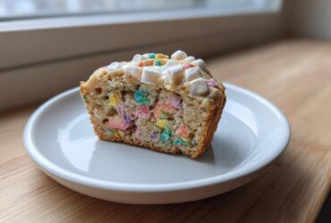 A close-up cross-section of a Lucky Charms Cereal Milk Muffin showing colorful marshmallows baked inside.