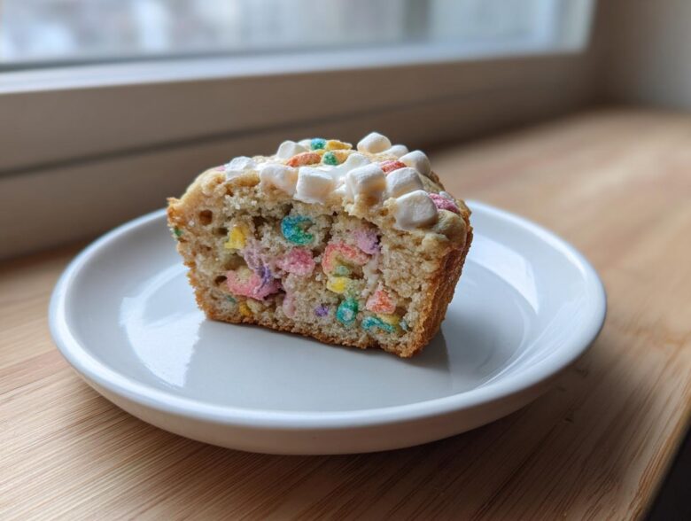 A close-up cross-section of a Lucky Charms Cereal Milk Muffin showing colorful marshmallows baked inside.