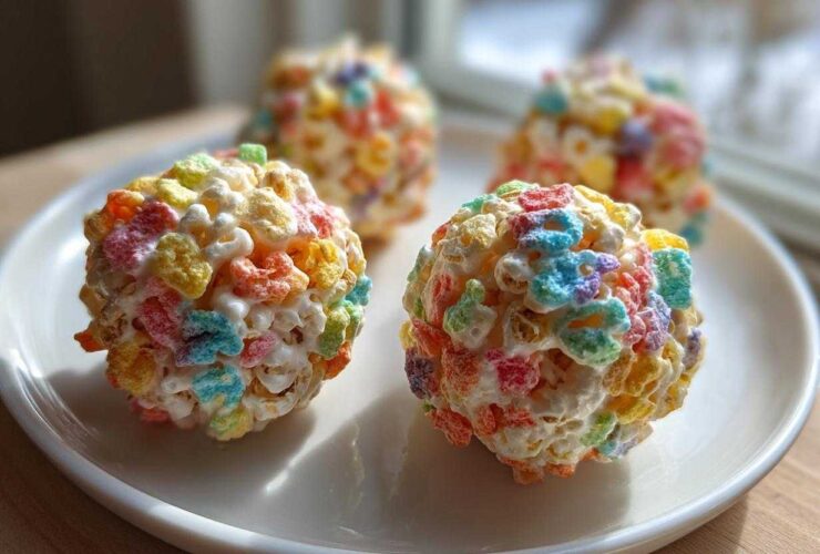 Four colorful Lucky Charms Popcorn Balls made with marshmallows displayed on a white plate.