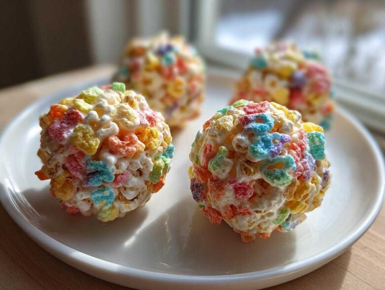Four colorful Lucky Charms Popcorn Balls made with marshmallows displayed on a white plate.