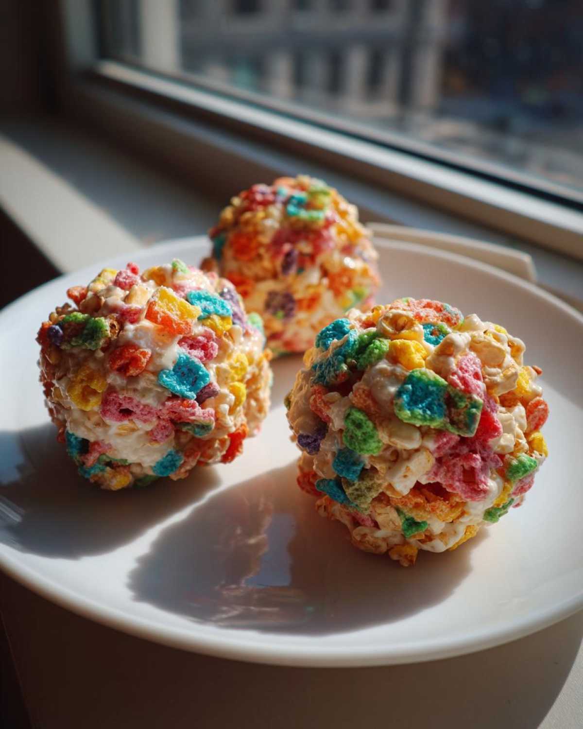 Three vibrant Lucky Charms Popcorn Balls sitting on a white plate near a sunny window.