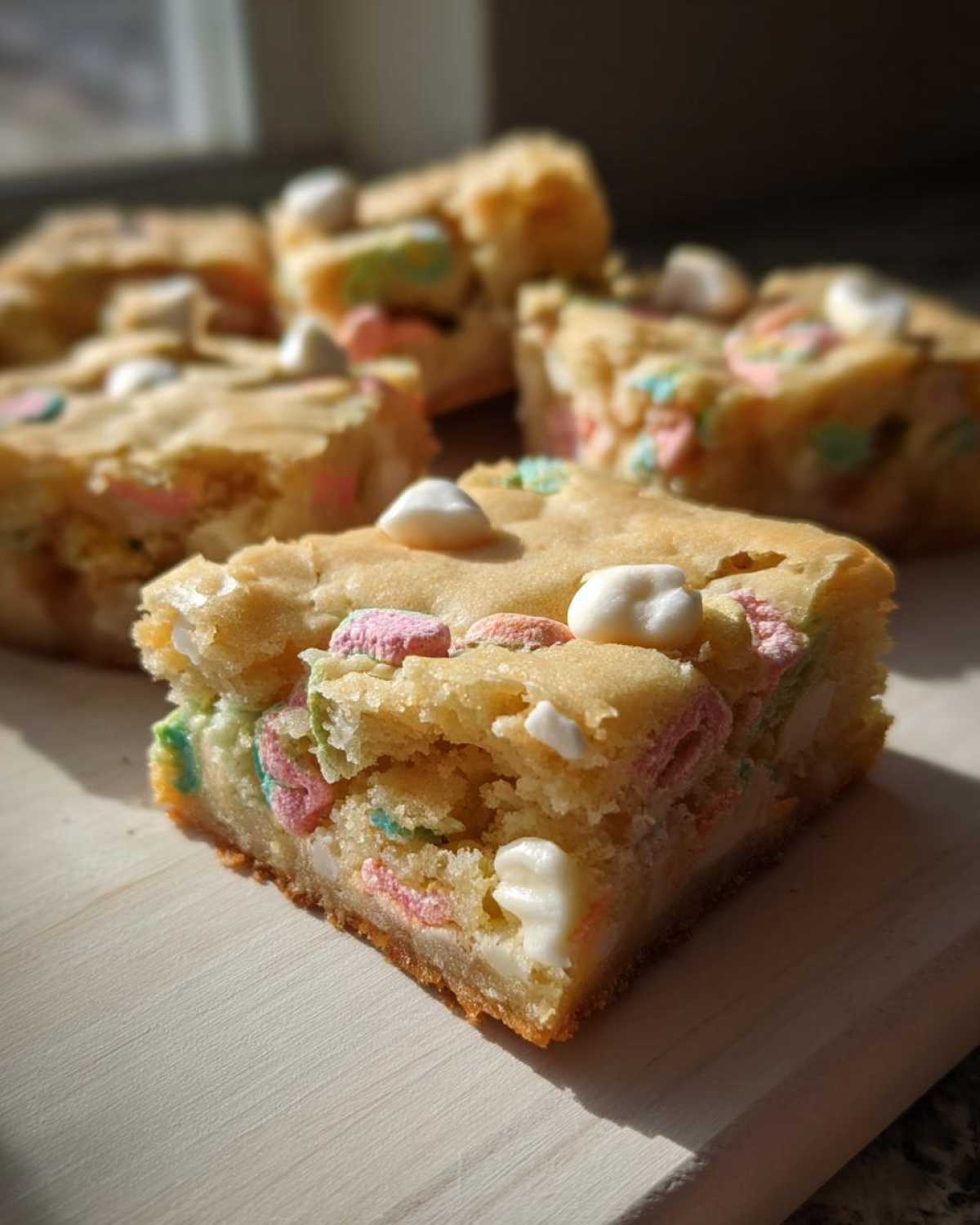 A close-up, sunlit shot of a square of Lucky Charms White Chocolate Blondies, showing colorful marshmallows and white chocolate chips.