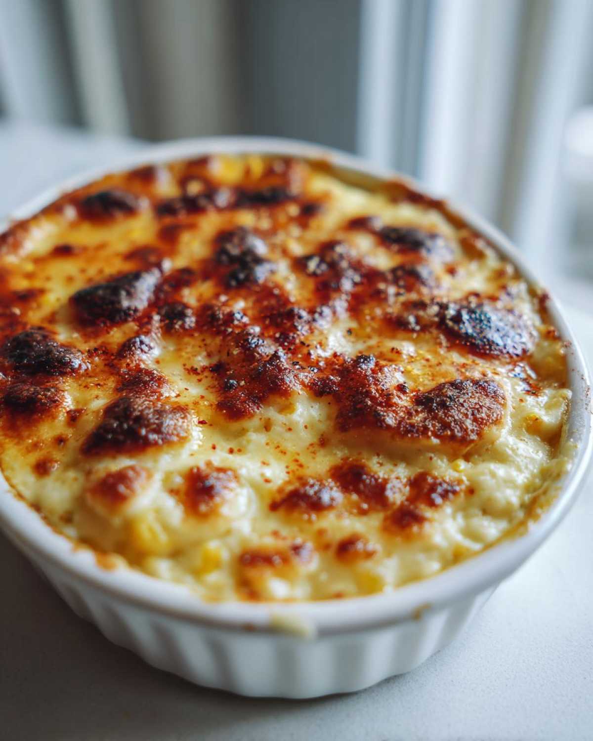 Close-up of a baked Mexican Street Corn Jalapeno Popper Dip with a bubbly, browned cheese topping.