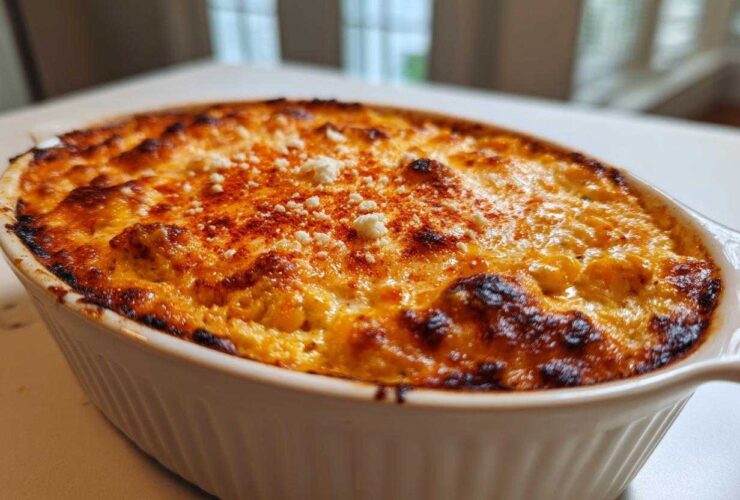Close-up of baked Mexican Street Corn Jalapeno Popper Dip with a bubbly, browned cheese topping and paprika dust.