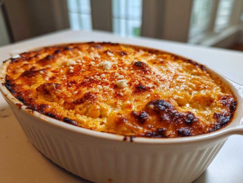 Close-up of baked Mexican Street Corn Jalapeno Popper Dip with a bubbly, browned cheese topping and paprika dust.