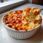 A spoonful of cheesy Mexican Street Corn Jalapeno Popper Dip showing cheese pull, topped with cotija and chili powder.