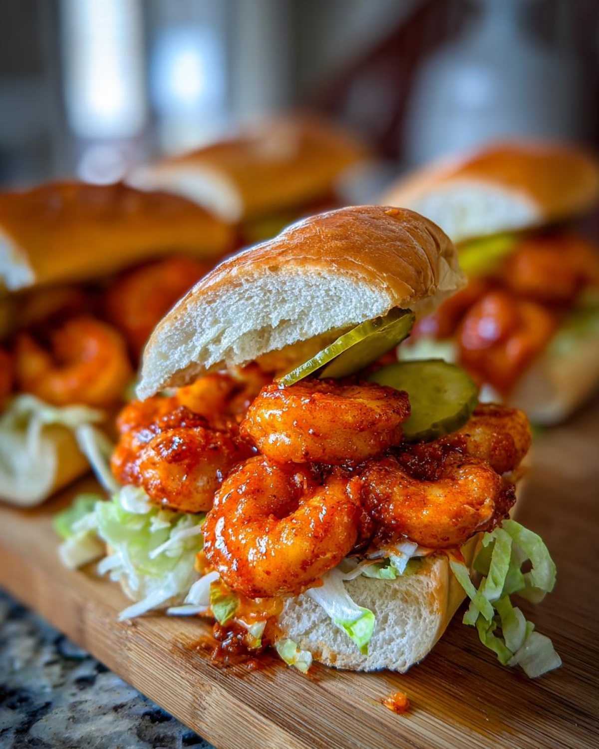 Close-up of a mini Buffalo Shrimp Po' Boy sandwich filled with saucy shrimp, shredded lettuce, and pickles.