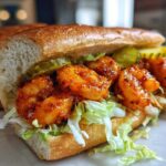 A close-up of a mini Buffalo Shrimp Po' Boys sandwich overflowing with saucy shrimp, shredded lettuce, and pickle slices on a soft roll.