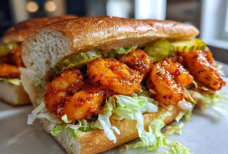 A close-up of a mini Buffalo Shrimp Po' Boys sandwich overflowing with saucy shrimp, shredded lettuce, and pickle slices on a soft roll.