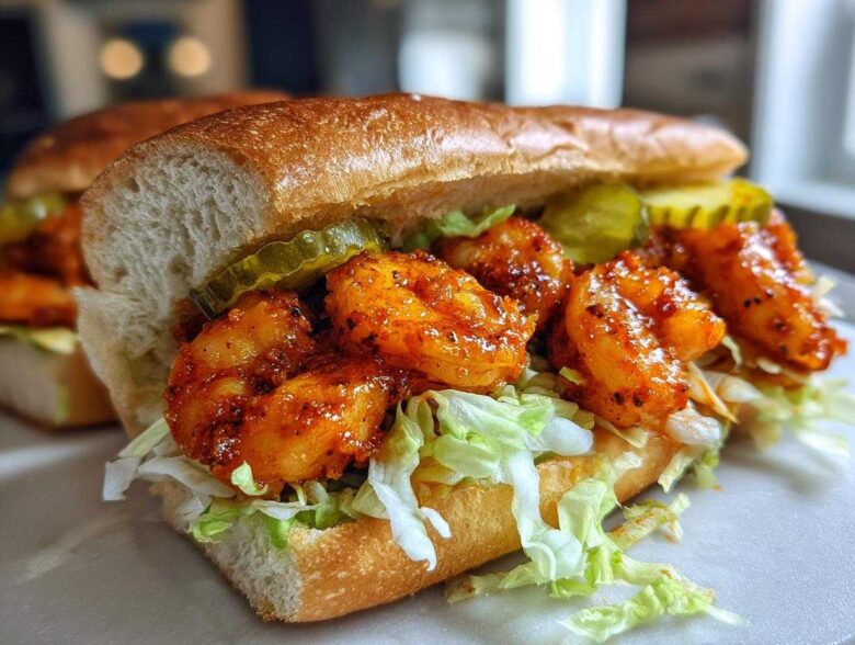 A close-up of a mini Buffalo Shrimp Po' Boys sandwich overflowing with saucy shrimp, shredded lettuce, and pickle slices on a soft roll.