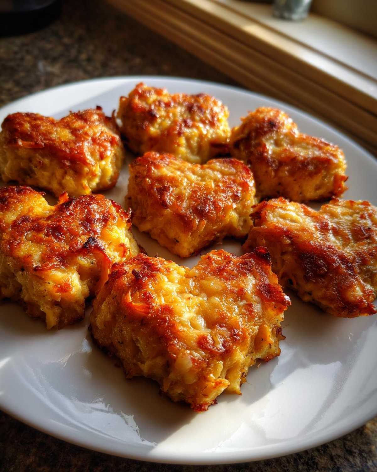 Seven golden-brown Mini Heart-Shaped Crab Cakes arranged on a white plate, catching sunlight.