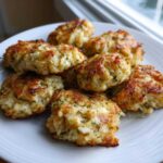 A pile of perfectly browned Mini Heart-Shaped Crab Cakes seasoned with green herbs on a white plate.