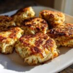 A plate of golden brown, pan-seared Mini Heart-Shaped Crab Cakes, highlighted by dramatic sunlight.