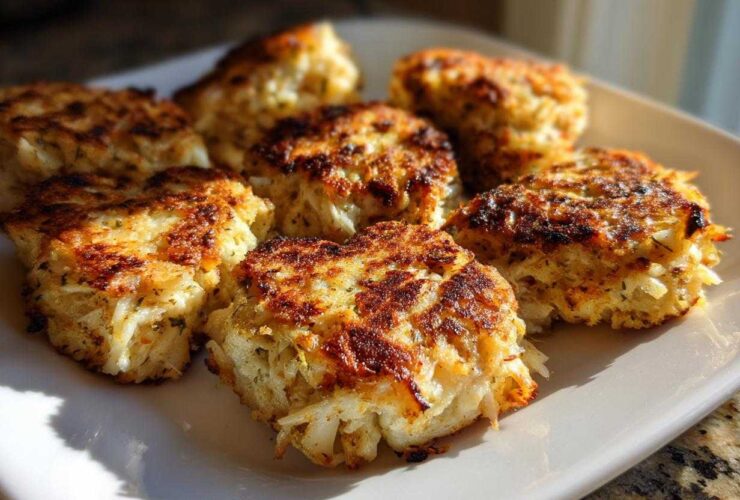 A plate of golden brown, pan-seared Mini Heart-Shaped Crab Cakes, highlighted by dramatic sunlight.