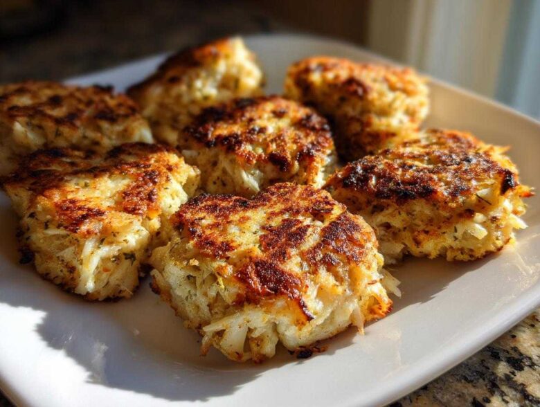 A plate of golden brown, pan-seared Mini Heart-Shaped Crab Cakes, highlighted by dramatic sunlight.