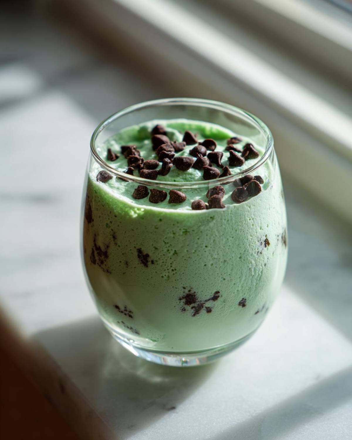 A glass filled with light green Mint Chocolate Chip Shamrock Mousse topped with chocolate chips.