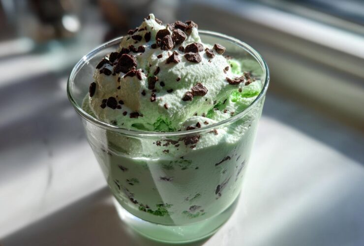 A glass filled with light green Mint Chocolate Chip Shamrock Mousse topped with chocolate shavings.