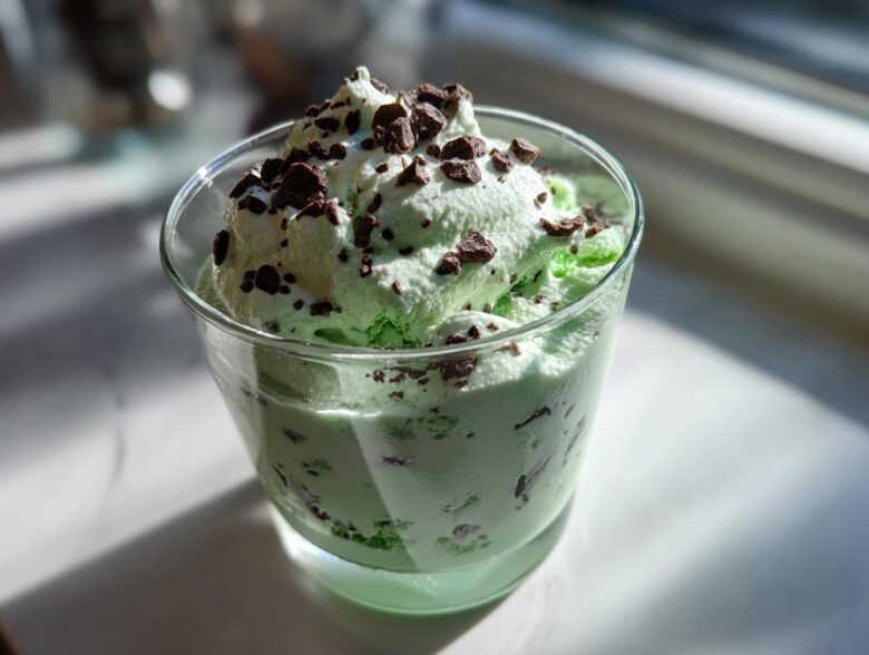 A glass filled with light green Mint Chocolate Chip Shamrock Mousse topped with chocolate shavings.