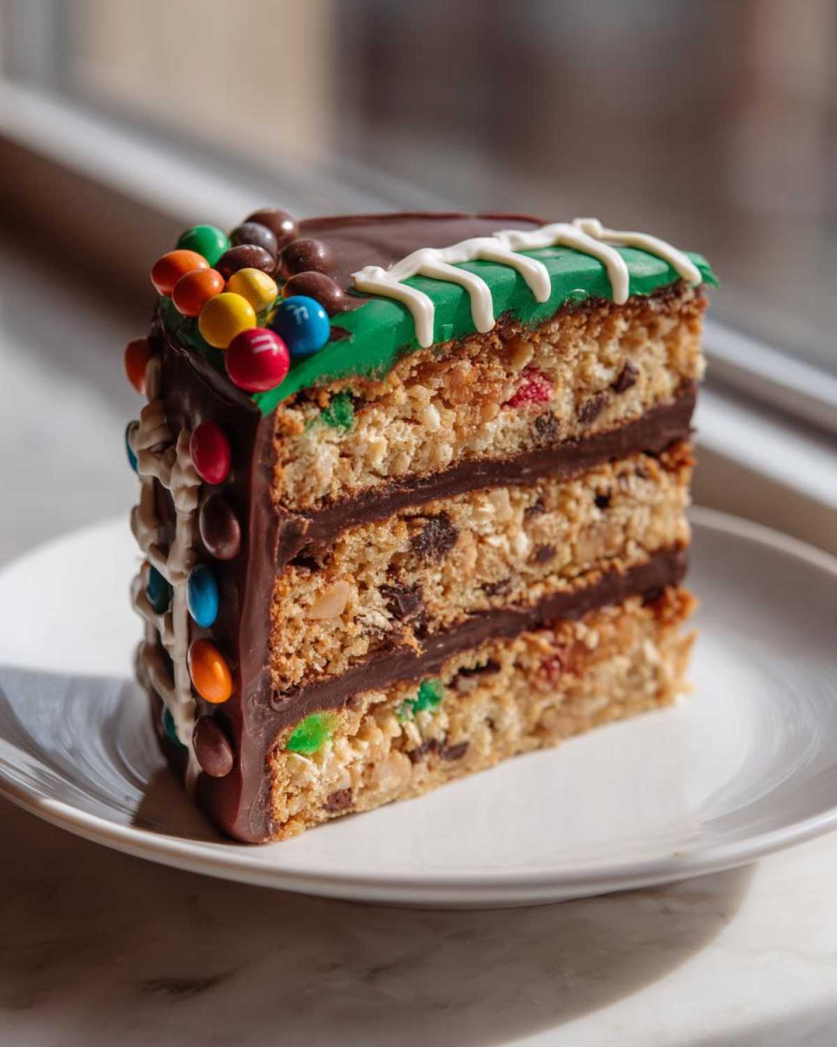 A thick slice of Monster Cookie Football Cake showing three layers of cookie base, chocolate frosting, and green topping with candies.