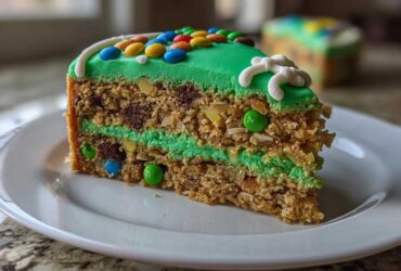A slice of Monster Cookie Football Cake showing layers of cookie base, green frosting, chocolate chips, and M&Ms on a white plate.