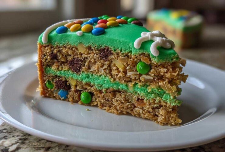 A slice of Monster Cookie Football Cake showing layers of cookie base, green frosting, chocolate chips, and M&Ms on a white plate.