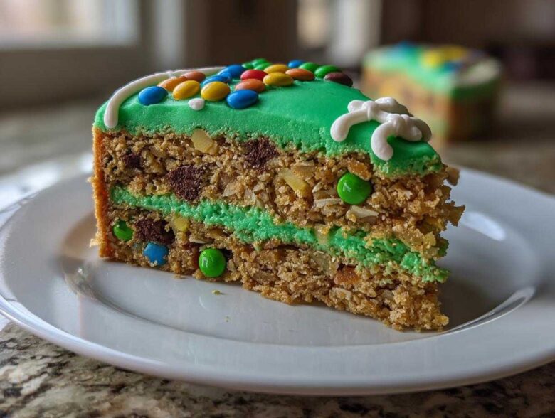 A slice of Monster Cookie Football Cake showing layers of cookie base, green frosting, chocolate chips, and M&Ms on a white plate.