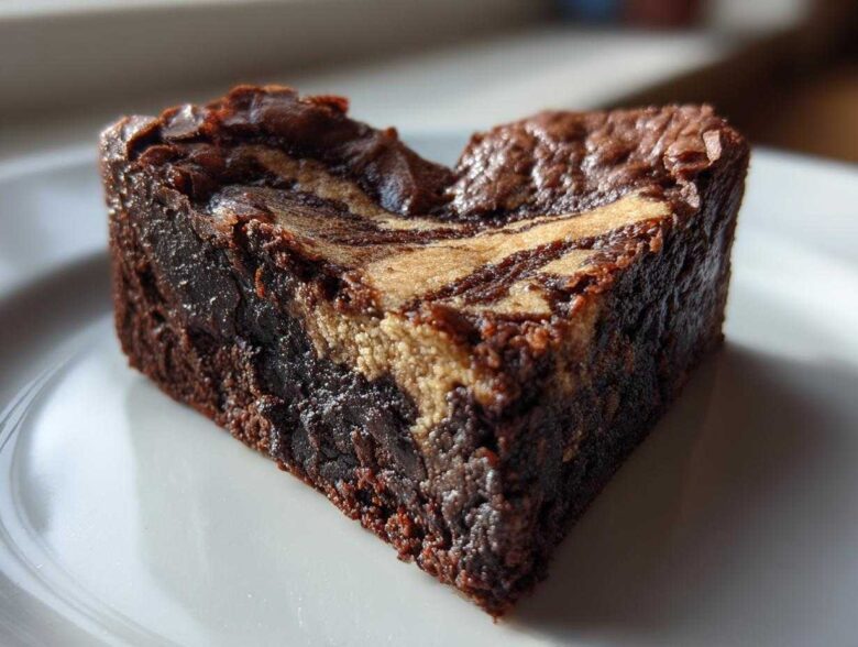 Close-up of a rich, fudgy Nutella Swirl Brownie Heart on a white plate, showing the marbled top.