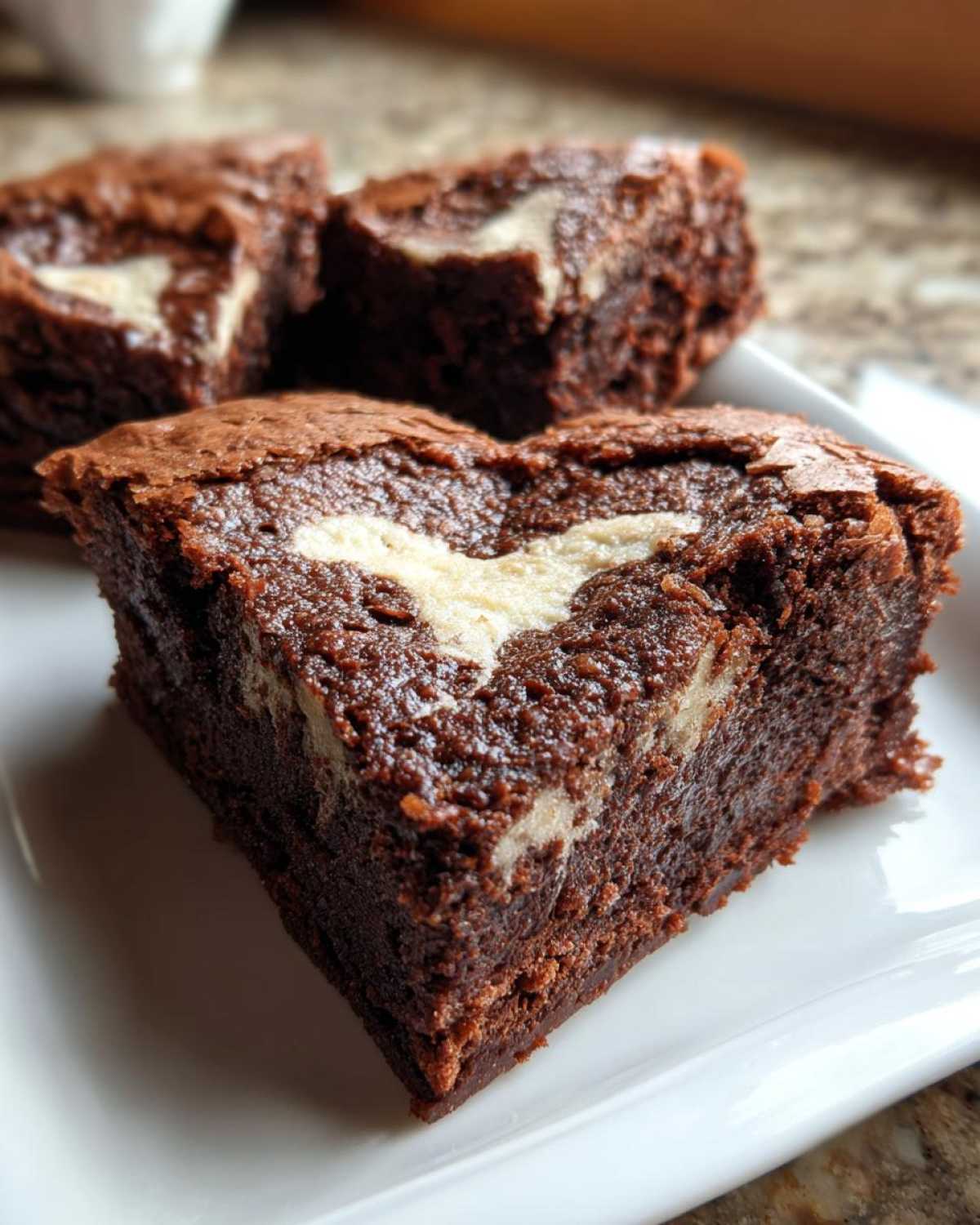 A close-up of a fudgy Nutella Swirl Brownie Hearts square showing a creamy white swirl baked into the dark chocolate center.