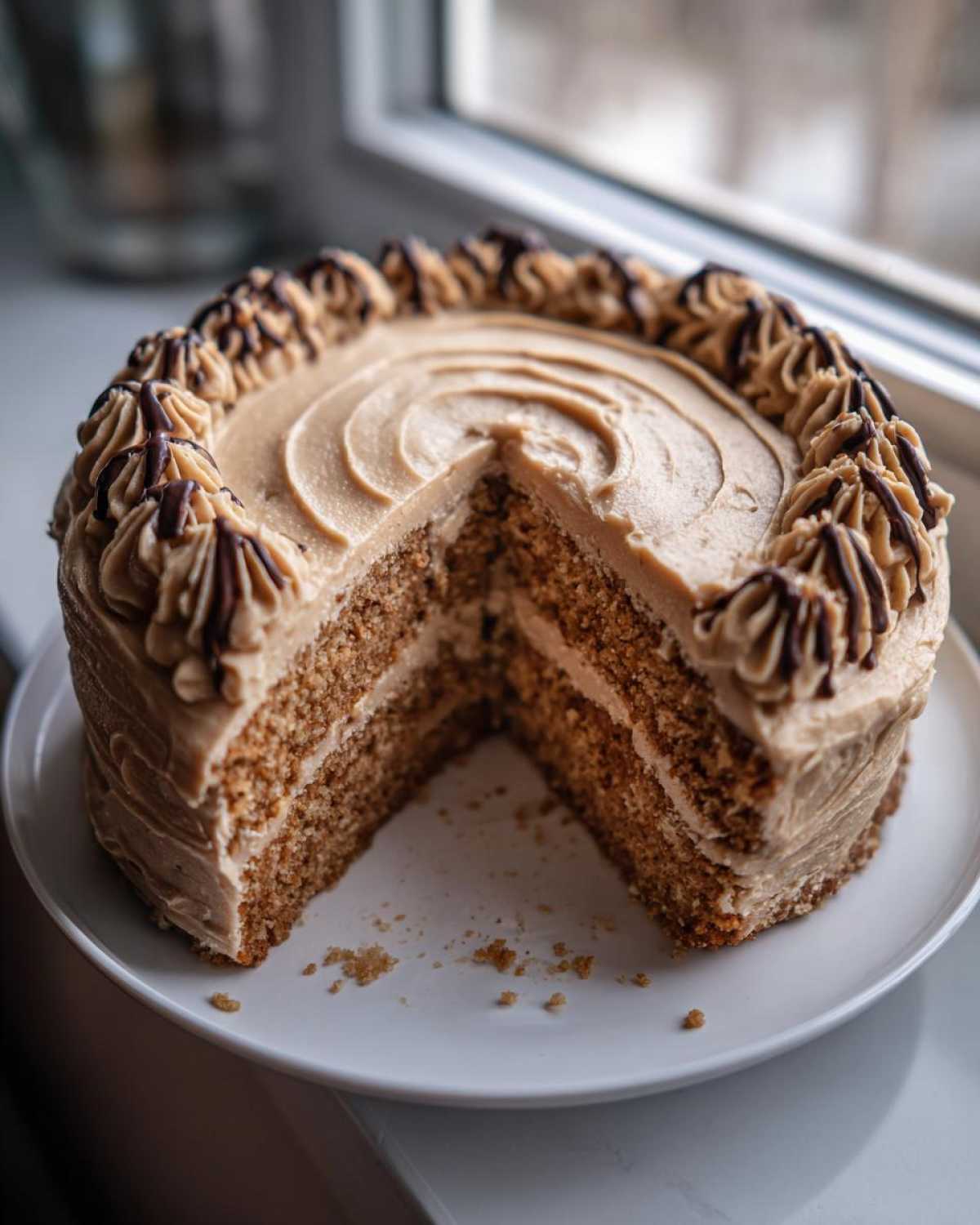 Cross-section view of the Oatmeal Raisin Football Cookie Cake showing layers of cake and frosting.