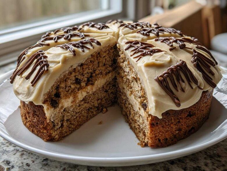 A large slice cut from an Oatmeal Raisin Football Cookie Cake, showing layers and light brown frosting with chocolate drizzle.
